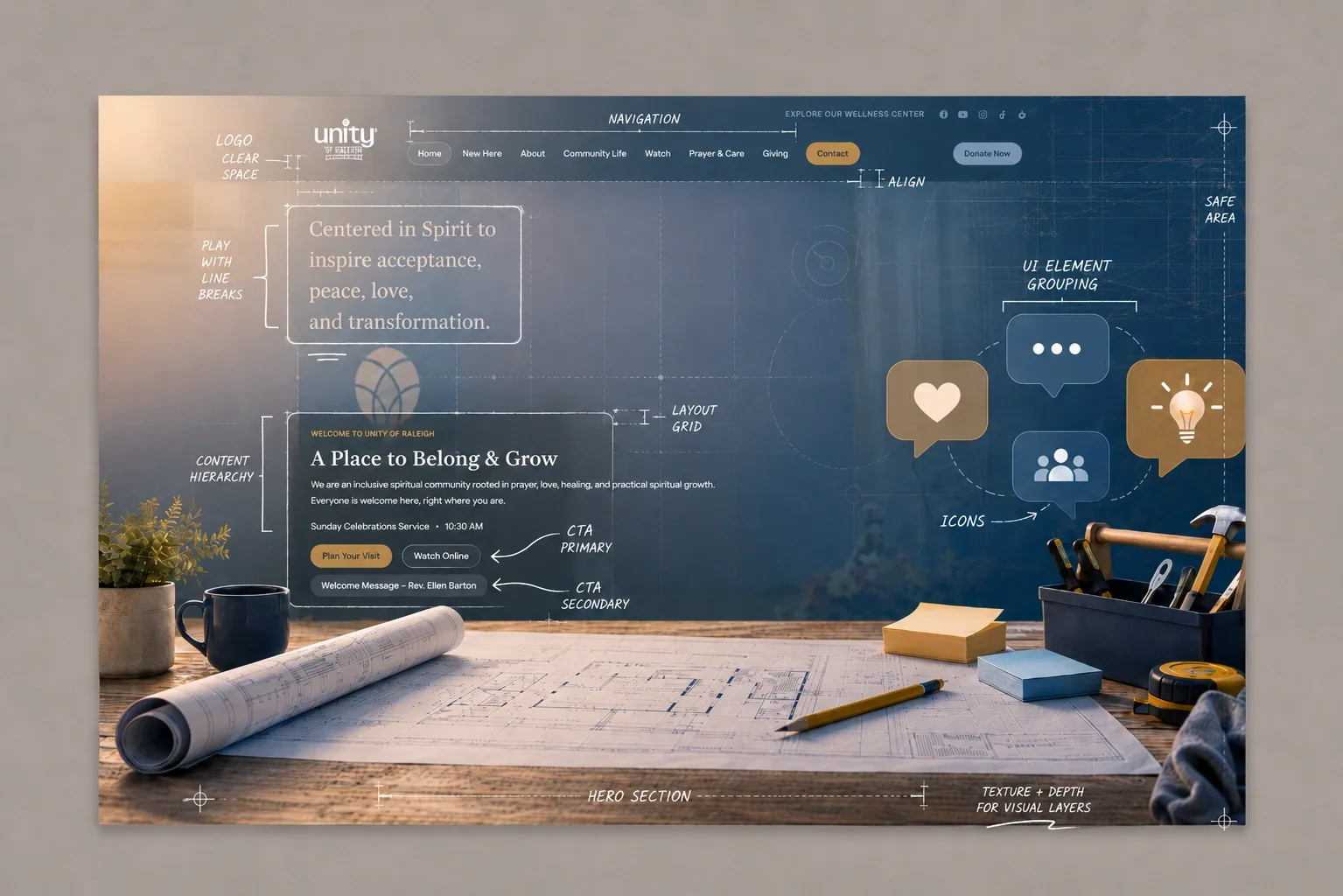 A design blueprint of the Unity of Raleigh website laid out on a drafting table beside a rolled plan, pencil and toolbox, with the homepage mocked up and annotated with notes such as navigation, layout grid and content hierarchy.
