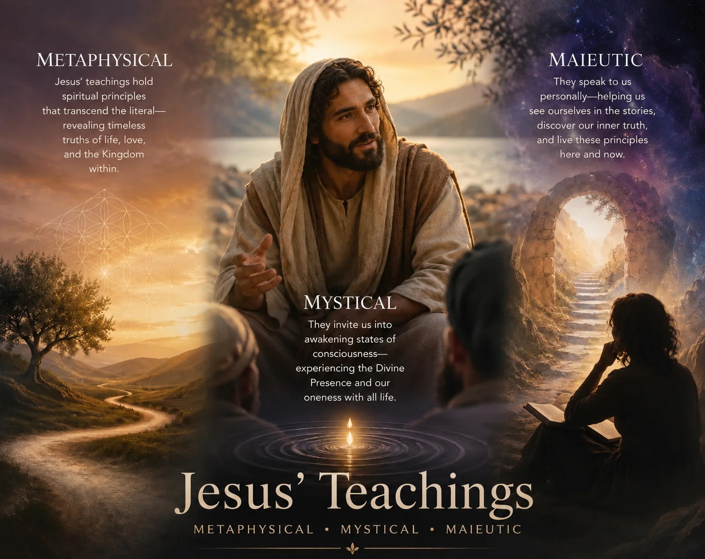 Jesus seated and teaching a small gathering, with three panels naming the lenses of the class