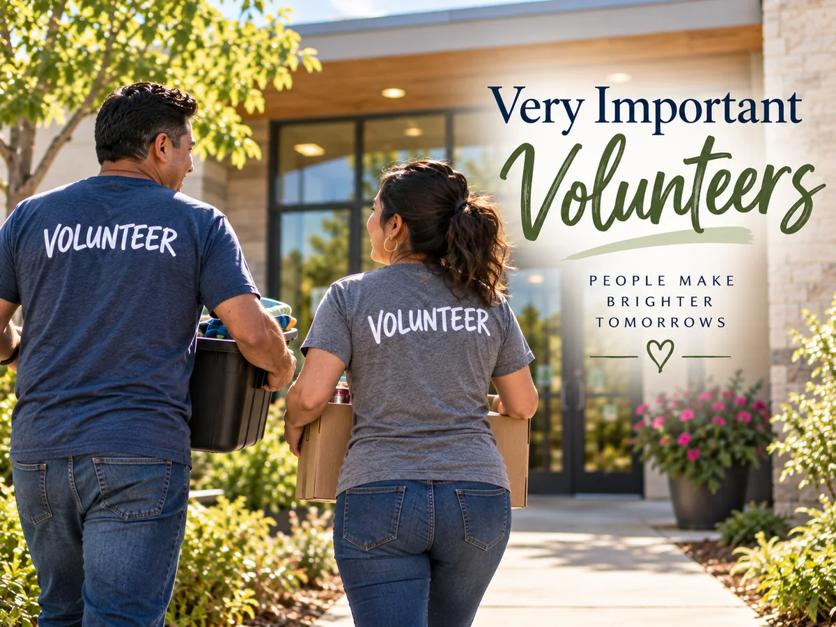 Two volunteers in Volunteer T-shirts carrying donation boxes toward a church entrance, under the words Very Important Volunteers — people make brighter tomorrows