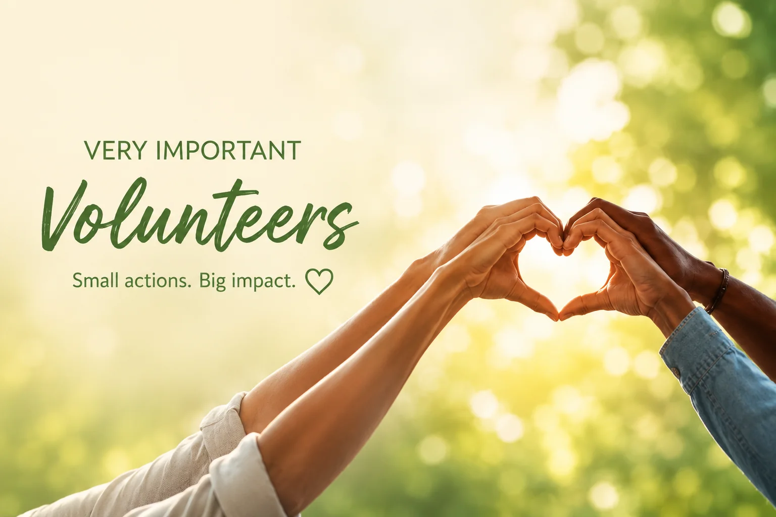 Two people forming a heart shape with their hands against sunlit greenery. Very Important Volunteers — small actions, big impact.